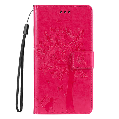 For Samsung Galaxy S25 / S24 5G Tree & Cat Embossed Pattern Flip Leather Phone Case(Rose Red) - Galaxy S25 5G Cases by buy2fix | Online Shopping UK | buy2fix