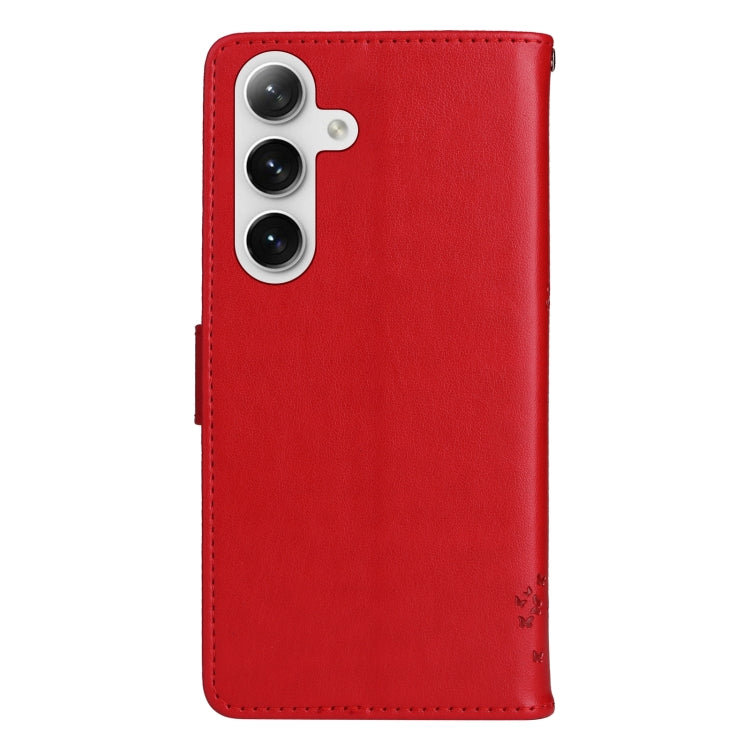 For Samsung Galaxy S25 / S24 5G Tree & Cat Embossed Pattern Flip Leather Phone Case(Red) - Galaxy S25 5G Cases by buy2fix | Online Shopping UK | buy2fix