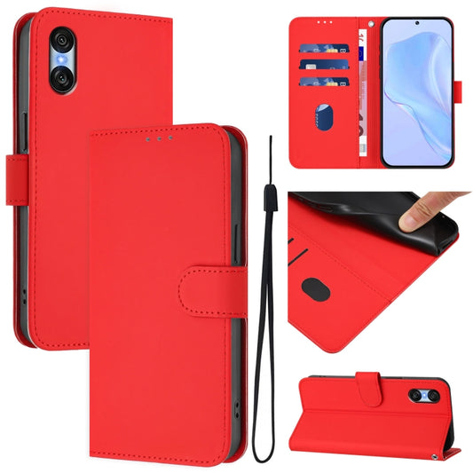 For Sony Xperia 10 VI 2024 Skin Feel Solid Color Leather Phone Case with Lanyard(Red) - Sony Cases by buy2fix | Online Shopping UK | buy2fix