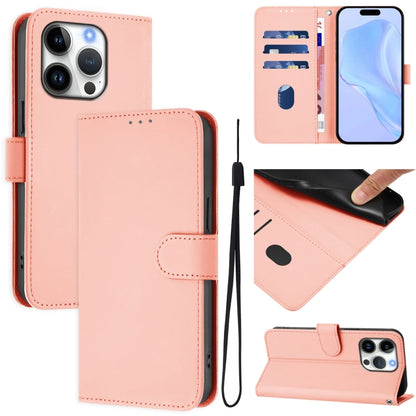 For iPhone 16 Pro Skin Feel Solid Color Leather Phone Case with Lanyard(Pink) - iPhone 16 Pro Cases by buy2fix | Online Shopping UK | buy2fix