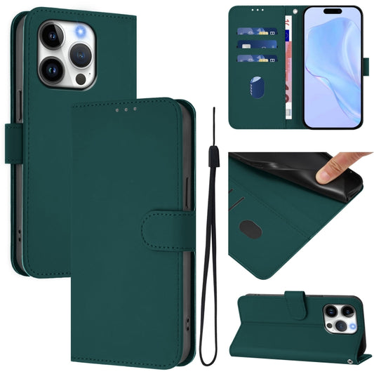 For iPhone 16 Pro Skin Feel Solid Color Leather Phone Case with Lanyard(Dark Green) - iPhone 16 Pro Cases by buy2fix | Online Shopping UK | buy2fix