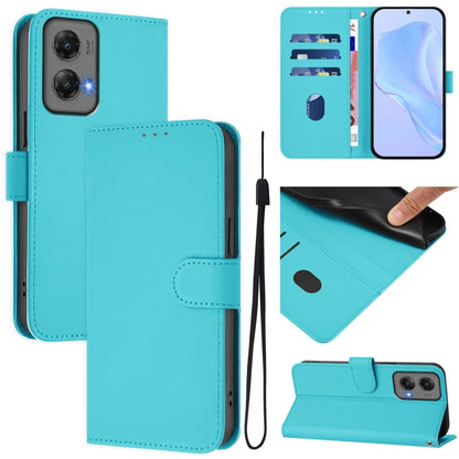 For Motorola Moto G Stylus 5G 2024 Skin Feel Solid Color Leather Phone Case with Lanyard(Lake Blue) - Motorola Cases by buy2fix | Online Shopping UK | buy2fix