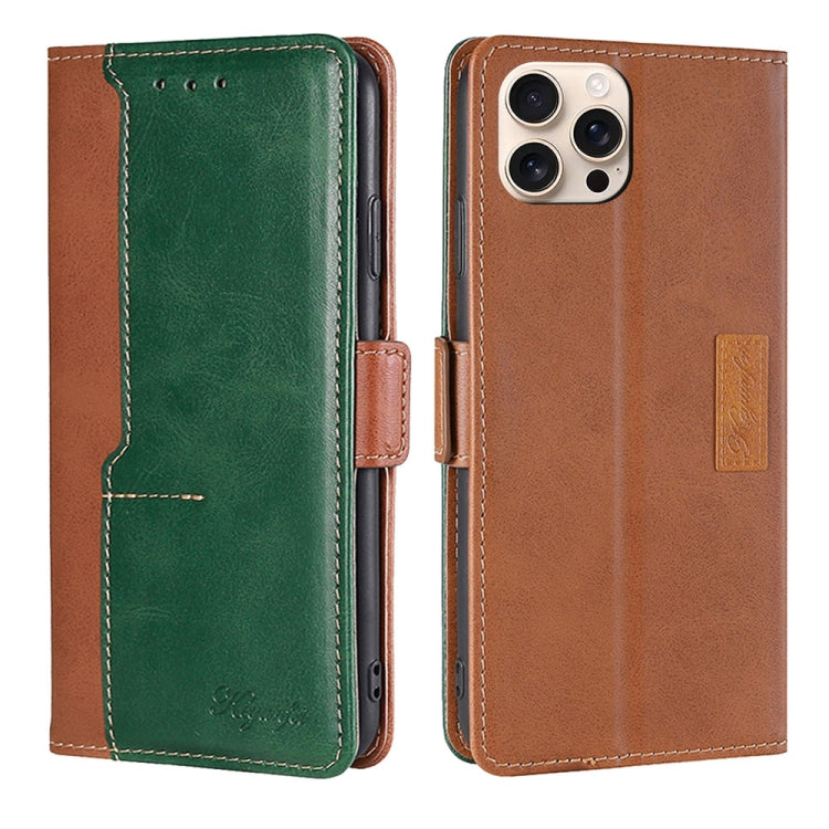 For iPhone 16 Pro Contrast Color Side Buckle Leather Phone Case(Light Brown + Green) - iPhone 16 Pro Cases by buy2fix | Online Shopping UK | buy2fix