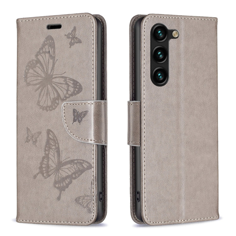 For Samsung Galaxy S25+ 5G Embossing Two Butterflies Pattern Leather Phone Case(Grey) - Galaxy S25+ 5G Cases by buy2fix | Online Shopping UK | buy2fix