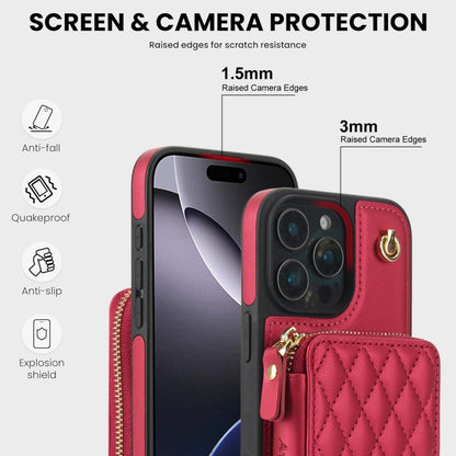 For iPhone 16 Pro Max AwQuer Crossbody Zipper Wallet Rhombic Leather Back Phone Case(Red) - iPhone 16 Pro Max Cases by Awquer | Online Shopping UK | buy2fix