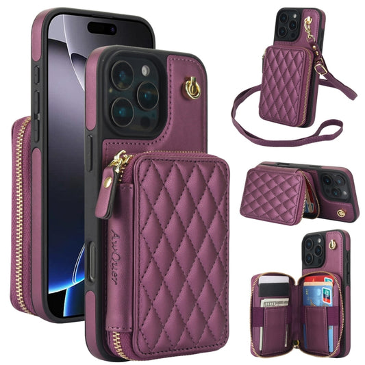 For iPhone 16 Pro AwQuer Crossbody Zipper Wallet Rhombic Leather Back Phone Case(Dark Purple) - iPhone 16 Pro Cases by Awquer | Online Shopping UK | buy2fix