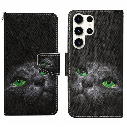 For Samsung Galaxy S25 Ultra 5G Colored Drawing Pattern Leather Phone Case(Black Cat) - Galaxy S25 Ultra 5G Cases by buy2fix | Online Shopping UK | buy2fix