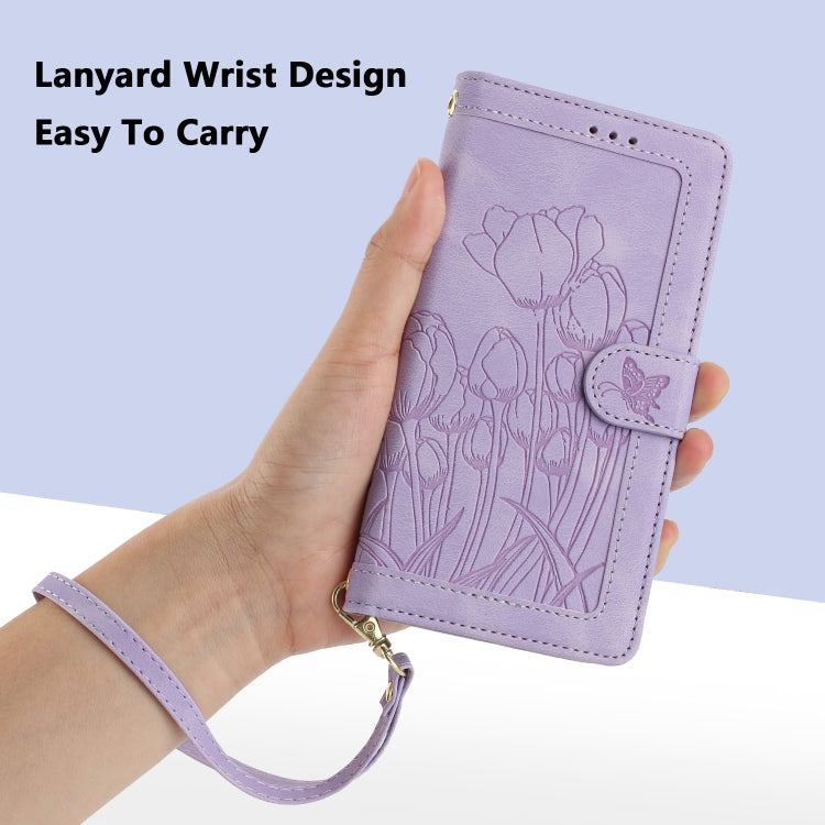 For Samsung Galaxy S25 Ultra 5G Tulips Embossed Leather Phone Case with Lanyard(Purple) - Galaxy S25 Ultra 5G Cases by buy2fix | Online Shopping UK | buy2fix