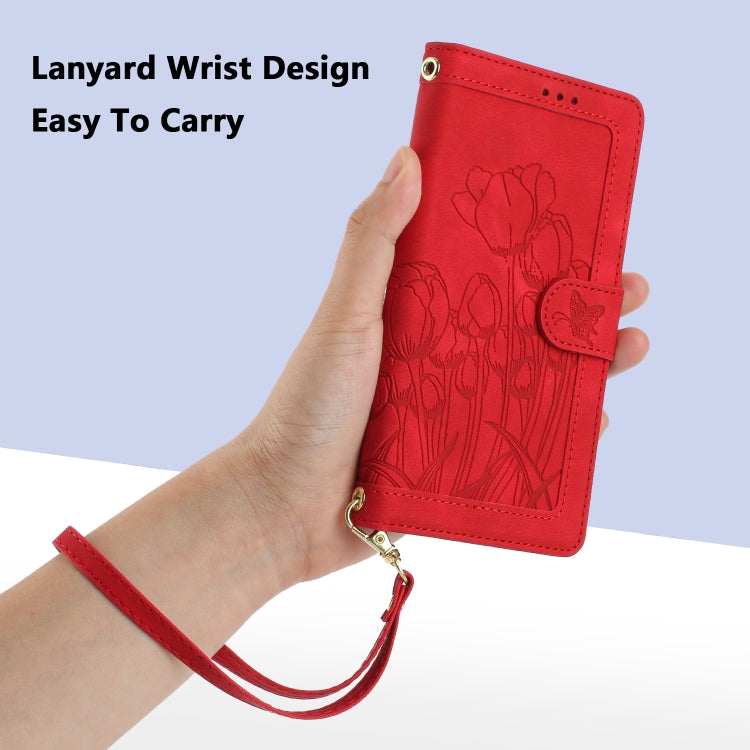 For Samsung Galaxy S25+ 5G Tulips Embossed Leather Phone Case with Lanyard(Red) - Galaxy S25+ 5G Cases by buy2fix | Online Shopping UK | buy2fix