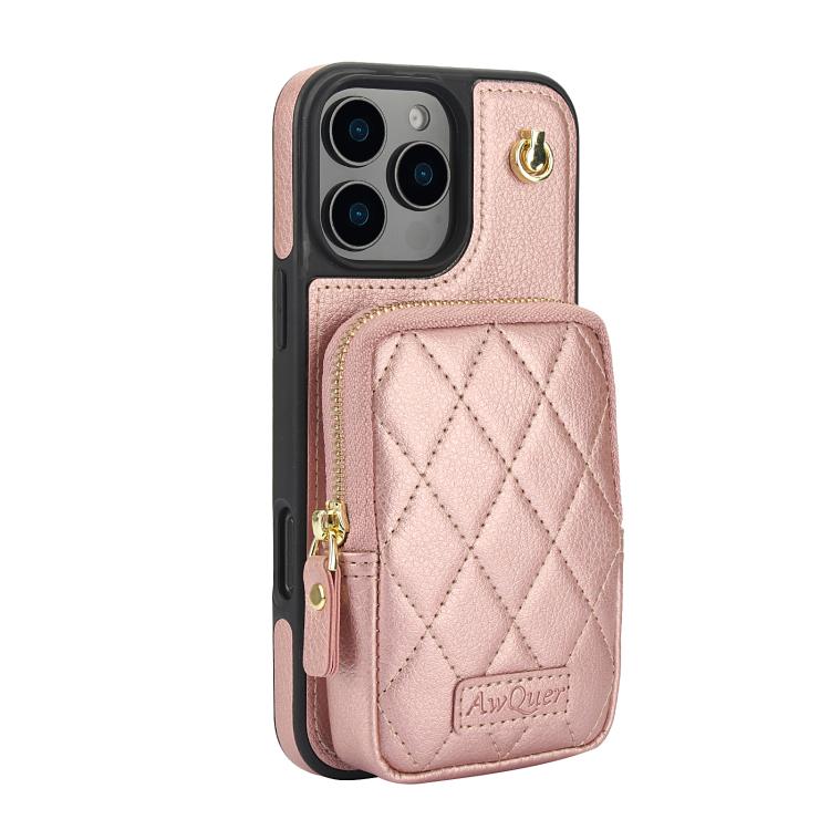 For iPhone 16 Pro AwQuer Crossbody Zipper Wallet Bag Litchi Leather Phone Case(Rose Gold) - iPhone 16 Pro Cases by Awquer | Online Shopping UK | buy2fix