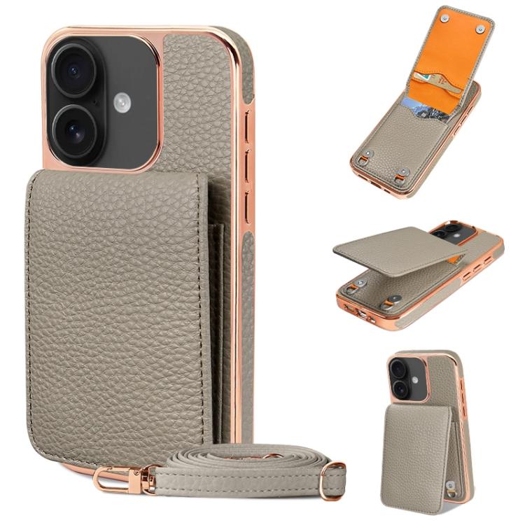 For iPhone 16 VIETAO Litchi Texture Wallet PU Phone Case with Lanyard(Grey) - iPhone 16 Cases by VIETAO | Online Shopping UK | buy2fix