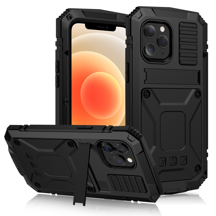 For iPhone 12 mini R-JUST Shockproof Waterproof Dust-proof Metal + Silicone Protective Case with Holder (Black) - iPhone 12 mini Cases by R-JUST | Online Shopping UK | buy2fix