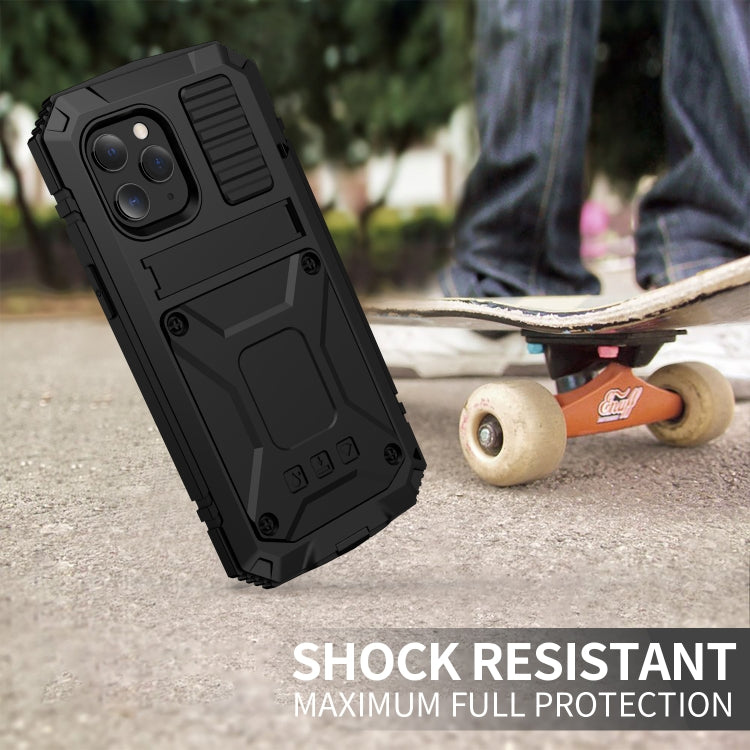 For iPhone 12 mini R-JUST Shockproof Waterproof Dust-proof Metal + Silicone Protective Case with Holder (Black) - iPhone 12 mini Cases by R-JUST | Online Shopping UK | buy2fix