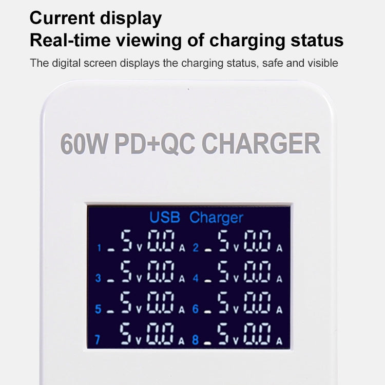 A8T 60W 8 Ports USB + QC3.0 + PD Type-C Smart Charging Station with Digital Display AC100-240V, UK Plug - Multifunction Charger by buy2fix | Online Shopping UK | buy2fix