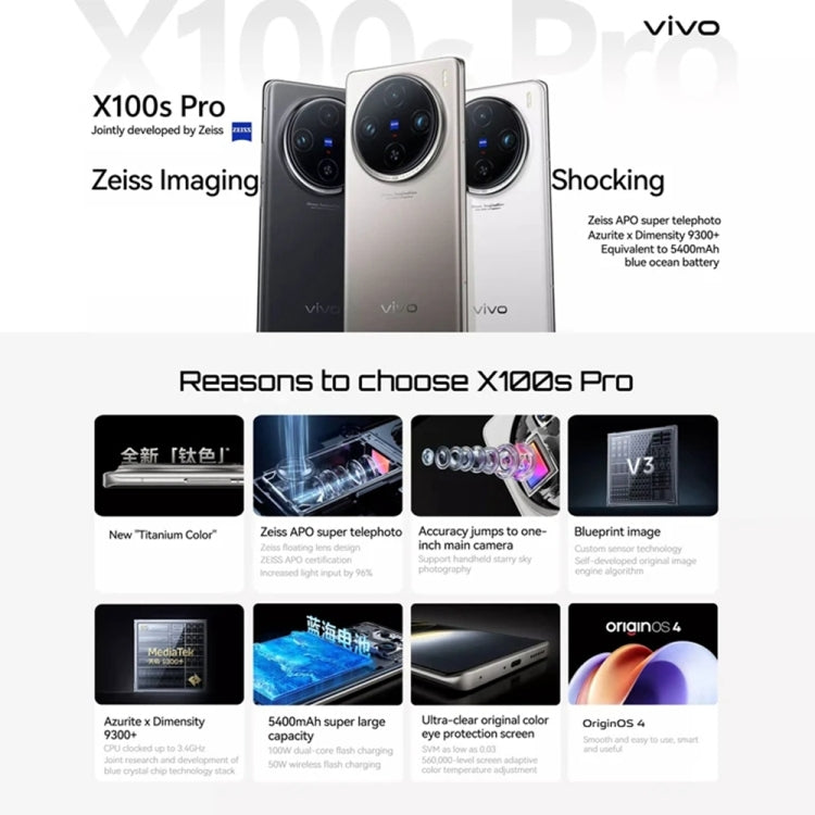 vivo X100s Pro, Triple Back Cameras, 16GB+1TB, Face ID / Fingerprint Identification, 6.78 inch Android 14 OriginOS 4 Dimensity 9300+ Octa Core, OTG, NFC, Network: 5G, Support Google Play (Titanium Color) - vivo by vivo | Online Shopping UK | buy2fix