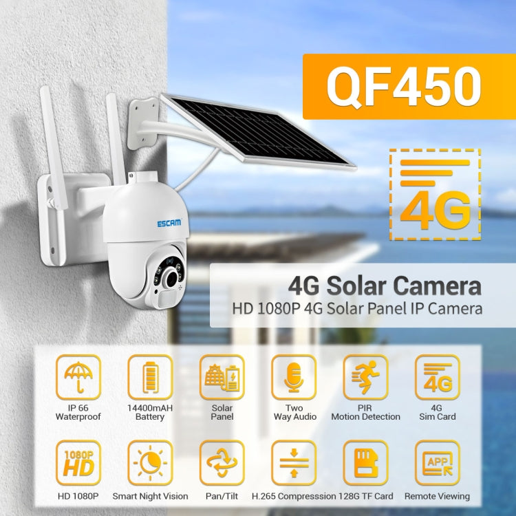 ESCAM QF450 HD 1080P 4G EU Version Solar Powered IP Camera with 64G Memory, Support Two-way Audio & PIR Motion Detection & Night Vision & TF Card - Dome Camera by ESCAM | Online Shopping UK | buy2fix