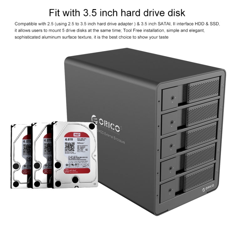 ORICO 9558RU3 5-bay USB 3.0 Type-B Aluminum 3.5 inch SATA HDD Enclosure Storage Hard Disk Box, Support RAID 0 / 5 Mode(Black) - HDD Enclosure by ORICO | Online Shopping UK | buy2fix