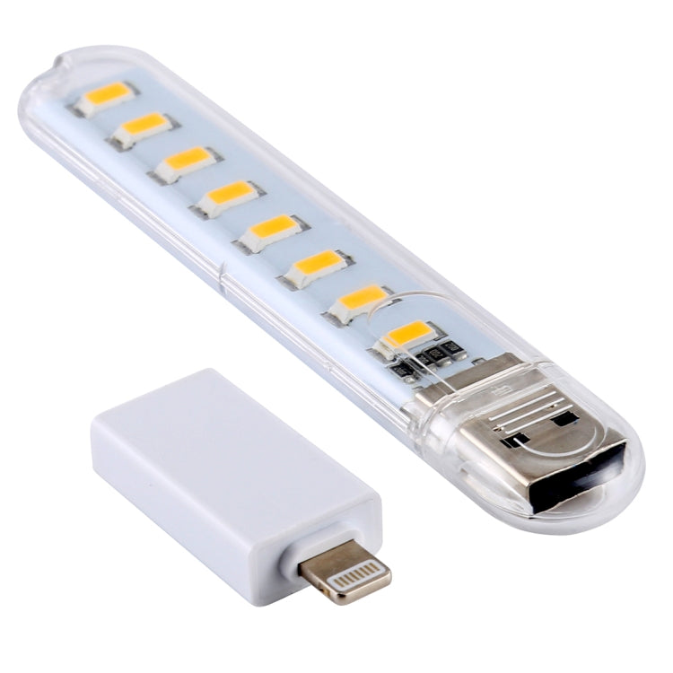 8LEDs 5V 200LM USB LED Book Light Portable Night Light, with 8 Pin Adapter(Warm White) - USB Light by buy2fix | Online Shopping UK | buy2fix