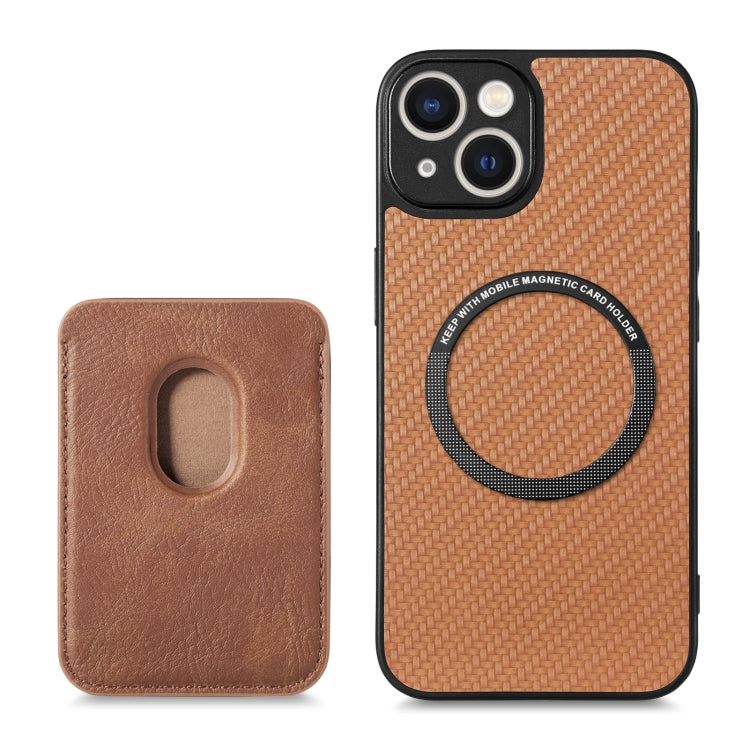 For iPhone 13 mini Carbon Fiber Leather Card Magsafe Magnetic Phone Case(Brown) - iPhone 13 mini Cases by buy2fix | Online Shopping UK | buy2fix