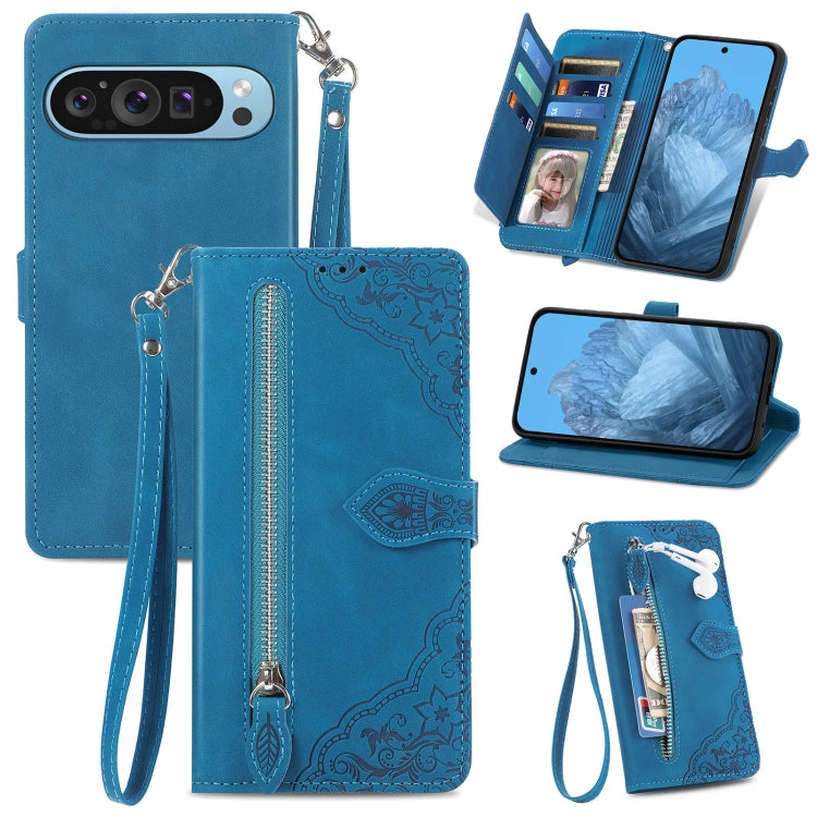 For Google Pixel 9 Pro Embossed Flower Zipper Leather Phone Case(Blue) - Google Cases by buy2fix | Online Shopping UK | buy2fix