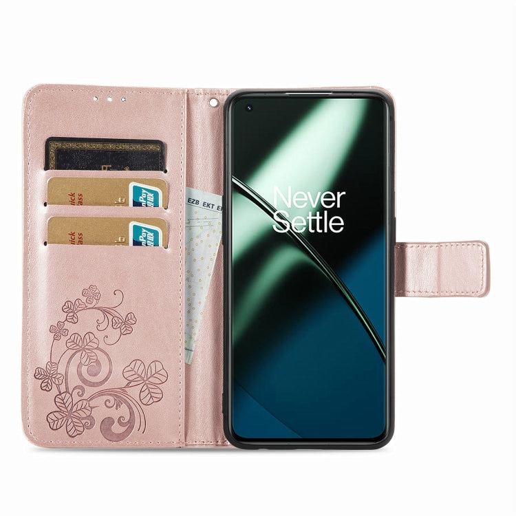 For OnePlus 11 Four-leaf Clasp Embossed Buckle Leather Phone Case(Rose Gold) - OnePlus Cases by buy2fix | Online Shopping UK | buy2fix