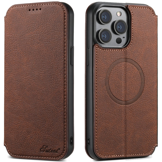 For iPhone 12 Pro Max Suteni J06 Retro Matte Litchi Texture Leather Magnetic Magsafe Phone Case(Brown) - iPhone 12 Pro Max Cases by Suteni | Online Shopping UK | buy2fix