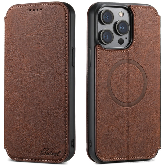 For iPhone 14 Suteni J06 Retro Matte Litchi Texture Leather Magnetic Magsafe Phone Case(Brown) - iPhone 14 Cases by Suteni | Online Shopping UK | buy2fix