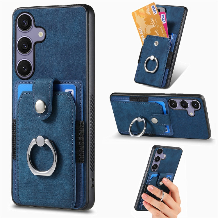 For Samsung Galaxy S25 5G Retro Skin-feel Ring Card Wallet Phone Case(Blue) - Galaxy S25 5G Cases by buy2fix | Online Shopping UK | buy2fix