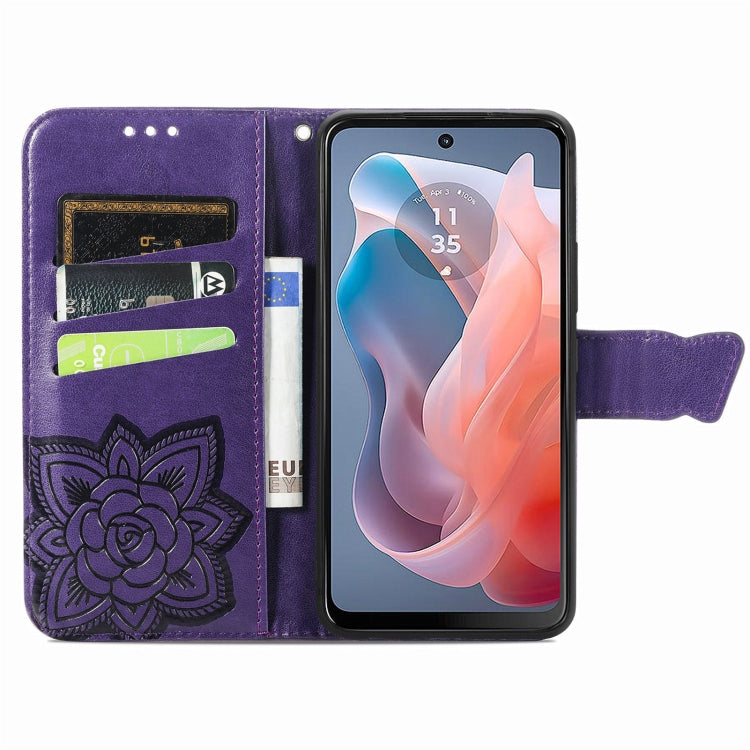 For Motorola Moto G  Play  2024 Butterfly Love Flower Embossed Leather Phone Case(Dark Purple) - Motorola Cases by buy2fix | Online Shopping UK | buy2fix