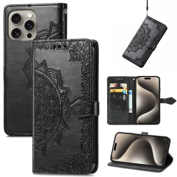 For iPhone 16 Mandala Flower Embossed Leather Phone Case(Black) - iPhone 16 Cases by buy2fix | Online Shopping UK | buy2fix