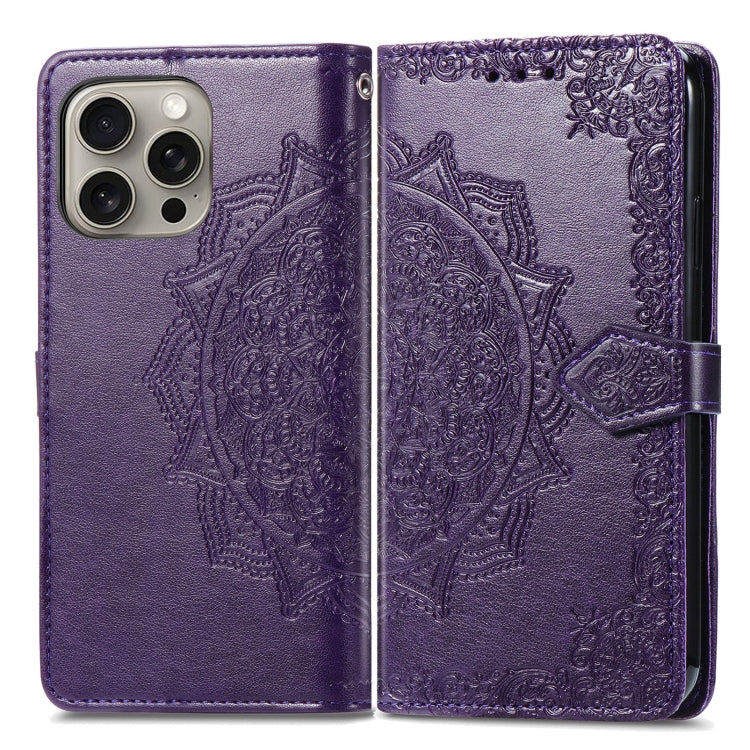 For iPhone 16 Mandala Flower Embossed Leather Phone Case(Purple) - iPhone 16 Cases by buy2fix | Online Shopping UK | buy2fix