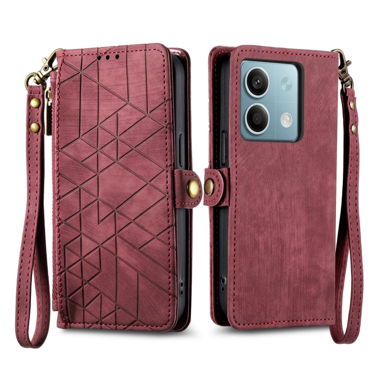 For Redmi Note 13 4G Geometric Zipper Wallet Side Buckle Leather Phone Case(Red) - Note 13 Cases by buy2fix | Online Shopping UK | buy2fix