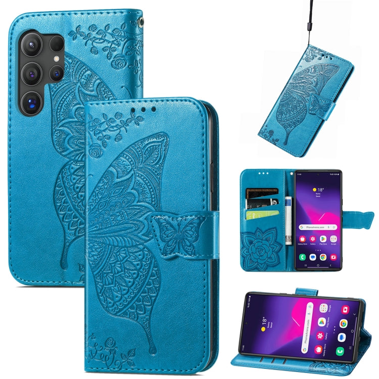 For Samsung Galaxy S25 Ultra 5G Butterfly Love Flower Embossed Leather Phone Case(Blue) - Galaxy S25 Ultra 5G Cases by buy2fix | Online Shopping UK | buy2fix