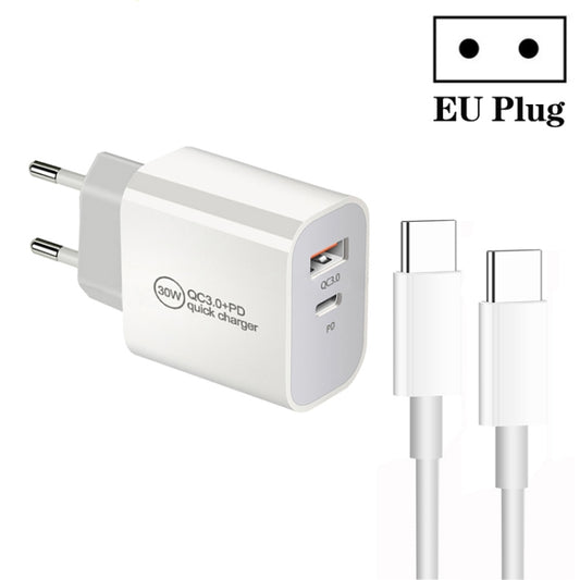 PD30W USB-C / Type-C + QC3.0 USB Dual Port Charger with 1m Type-C to Type-C Data Cable, EU Plug - USB Charger by buy2fix | Online Shopping UK | buy2fix