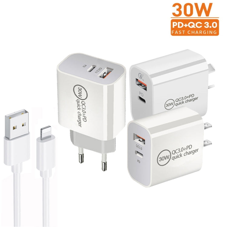 PD30W USB-C / Type-C + QC3.0 USB Dual Port Charger with 1m USB to 8 Pin Data Cable, EU Plug - USB Charger by buy2fix | Online Shopping UK | buy2fix