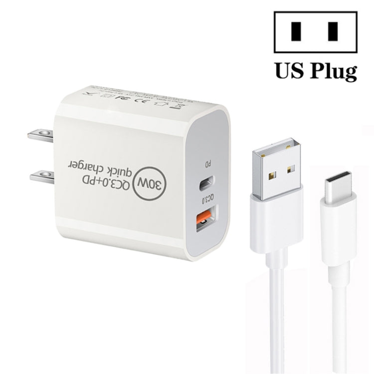 PD30W USB-C / Type-C + QC3.0 USB Dual Port Charger with 1m USB to Type-C Data Cable, US Plug - USB Charger by buy2fix | Online Shopping UK | buy2fix