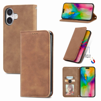 For iPhone 16 Plus Retro Skin Feel Magnetic Flip Leather Phone Case(Brown) - iPhone 16 Plus Cases by buy2fix | Online Shopping UK | buy2fix