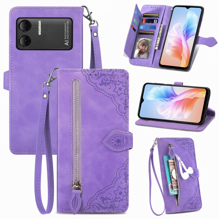 For DOOGEE X98 Pro / X98 Embossed Flower Zipper Leather Phone Case(Purple) - Doogee Cases by buy2fix | Online Shopping UK | buy2fix