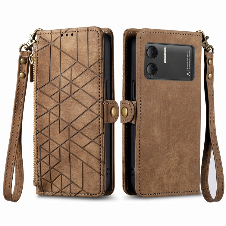 For DOOGEE X98 Pro / X98 Geometric Zipper Wallet Side Buckle Leather Phone Case(Brown) - Doogee Cases by buy2fix | Online Shopping UK | buy2fix