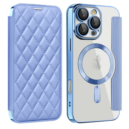 For iPhone 16 Pro Max Shield Magsafe RFID Anti-theft Rhombus Leather Phone Case(Blue) - iPhone 16 Pro Max Cases by buy2fix | Online Shopping UK | buy2fix