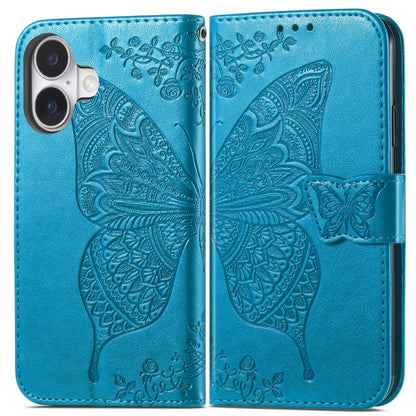 For iPhone 16 Butterfly Love Flower Embossed Leather Phone Case(Blue) - iPhone 16 Cases by buy2fix | Online Shopping UK | buy2fix