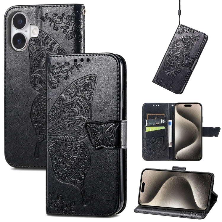 For iPhone 16 Plus Butterfly Love Flower Embossed Leather Phone Case(Black) - iPhone 16 Plus Cases by buy2fix | Online Shopping UK | buy2fix