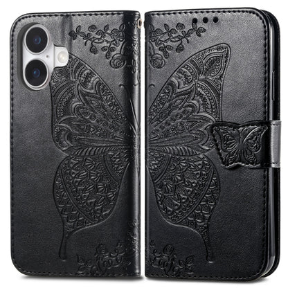 For iPhone 16 Plus Butterfly Love Flower Embossed Leather Phone Case(Black) - iPhone 16 Plus Cases by buy2fix | Online Shopping UK | buy2fix