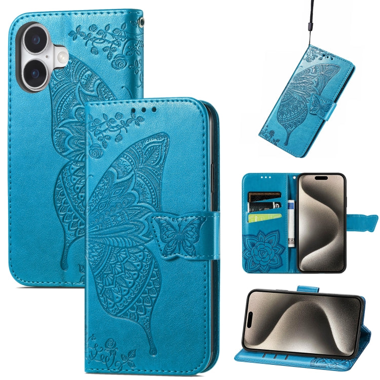 For iPhone 16 Plus Butterfly Love Flower Embossed Leather Phone Case(Blue) - iPhone 16 Plus Cases by buy2fix | Online Shopping UK | buy2fix