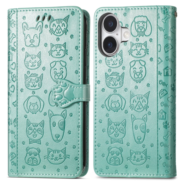 For iPhone 16 Cat and Dog Embossed Leather Phone Case(Green) - iPhone 16 Cases by buy2fix | Online Shopping UK | buy2fix