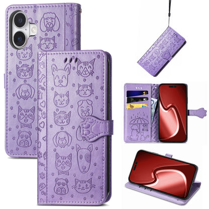 For iPhone 16 Plus Cat and Dog Embossed Leather Phone Case(Purple) - iPhone 16 Plus Cases by buy2fix | Online Shopping UK | buy2fix