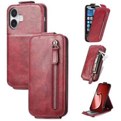 For iPhone 16 Zipper Wallet Vertical Flip Leather Phone Case(Red) - iPhone 16 Cases by buy2fix | Online Shopping UK | buy2fix