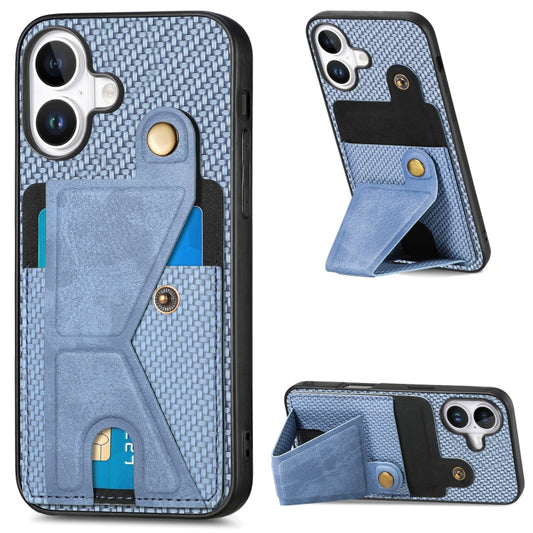 For iPhone 16 Plus Carbon Fiber Wallet Flip Card K-shaped Holder Phone Case(Blue) - iPhone 16 Plus Cases by buy2fix | Online Shopping UK | buy2fix