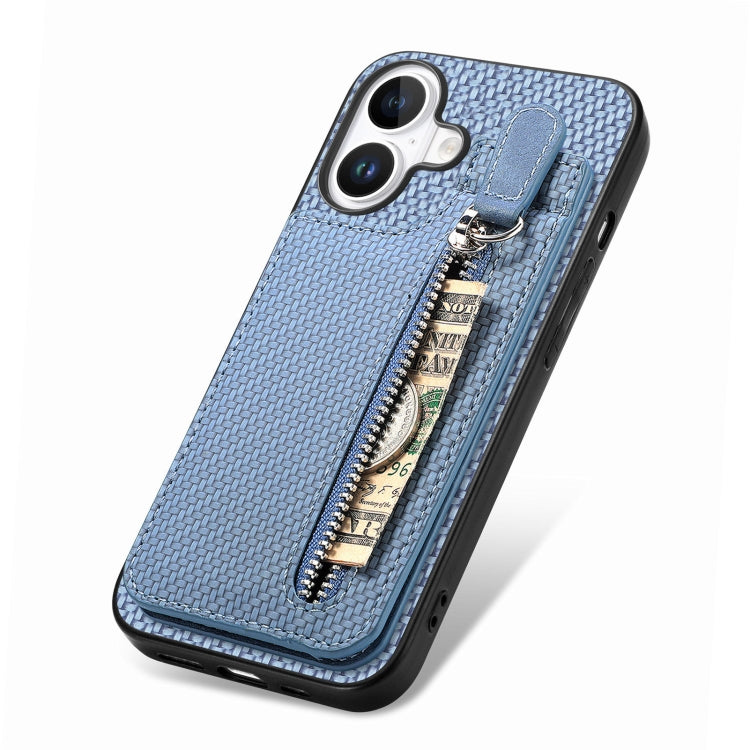 For iPhone 16 Plus Carbon Fiber Vertical Flip Zipper Phone Case(Blue) - iPhone 16 Plus Cases by buy2fix | Online Shopping UK | buy2fix