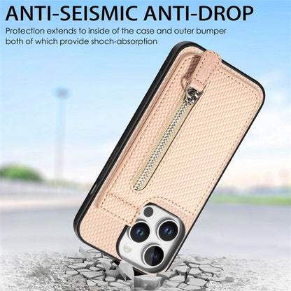 For  iPhone 16 Pro Max Carbon Fiber Vertical Flip Zipper Phone Case(Khaki) - iPhone 16 Pro Max Cases by buy2fix | Online Shopping UK | buy2fix